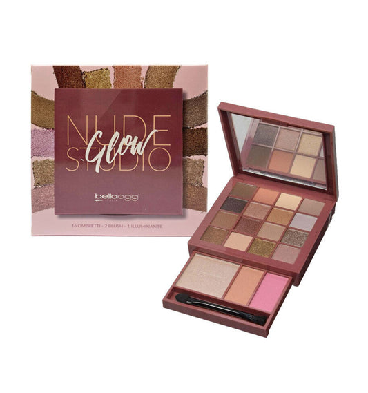 Bella Oggi Nude Studio Glow – Palette Make-Up Completa con 16 Ombretti, 2 Blush e 1 Illuminante